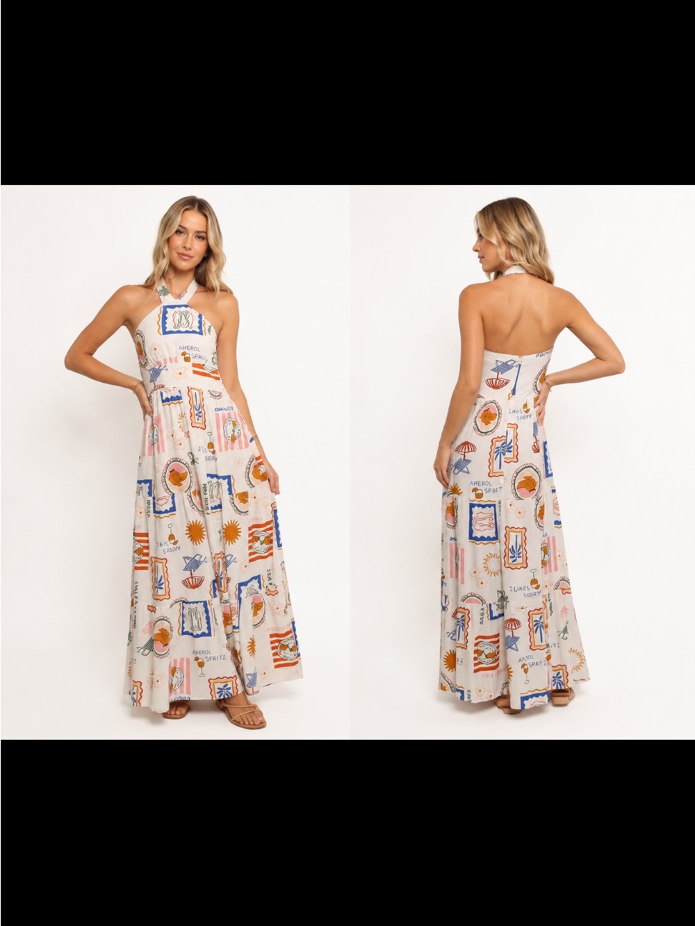 Petal & Pup Halter Maxi Dress in Cream with Blue and Orange Print